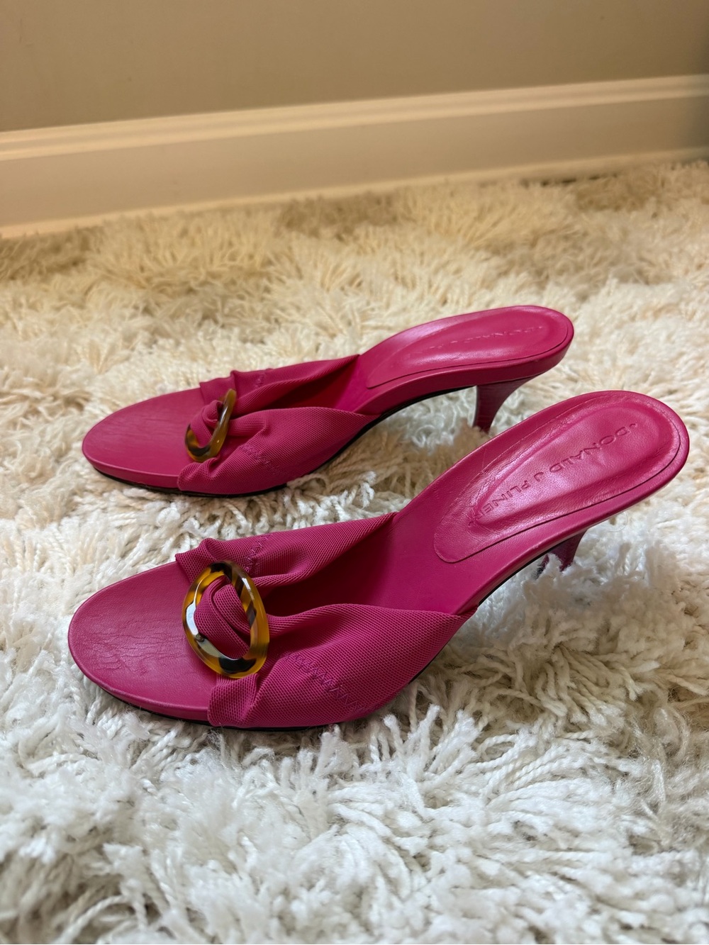 Donald J. Pliner Hot Pink Slide Mules with Tortoiseshell Ring - Picture 9 of 9